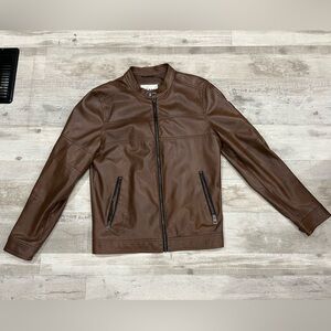 Guess means collarless pleather jacket brown